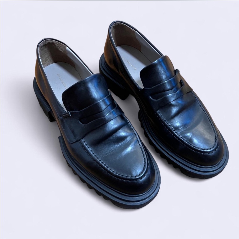 All Saints Lola Black Chunky Sole Loafers in W8/EU38